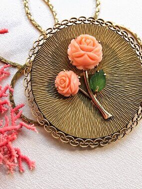 1960s Carved Pink Coral Roses w Jade Vintage Necklace 14kg GF Gold Chain